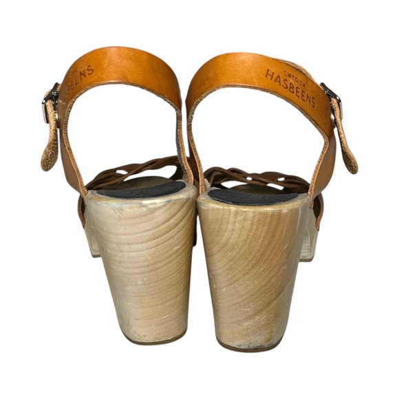 Swedish Hasbeens Kringlan Wood Clogs Heels Tan Woven Leather Sandals EU 39 US 9 - Picture 6 of 13